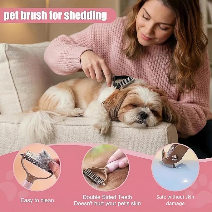 9PCS Dog Bath Kit & Dog Brush Kit for Dogs & Cats - Professional Pet Grooming Tools Set with Shedding Brush, Bath Scrubber, Dematting Comb & Storage Bag - Complete Dog Washing Essentials, Pink