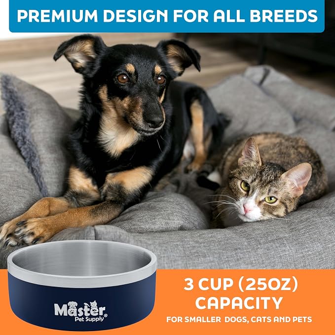 Master Pet Supply Stainless Steel Dog Bowls - 25 oz, Heavy Duty - Navy Blue, Double Wall Extra-Thick Insulated, Non-Slip Pet Water Bowl for Dogs, Cats & Pets, Anti Rust Metal, Dish Washer Safe