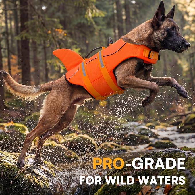 Dog Life Jacket, Dog Life Vest for Swimming, Puppy Shark Swimming Vest with Rescue Handle, Reflective Adjustable Pet Lifesaver Preserver for Small Dogs, Orange S