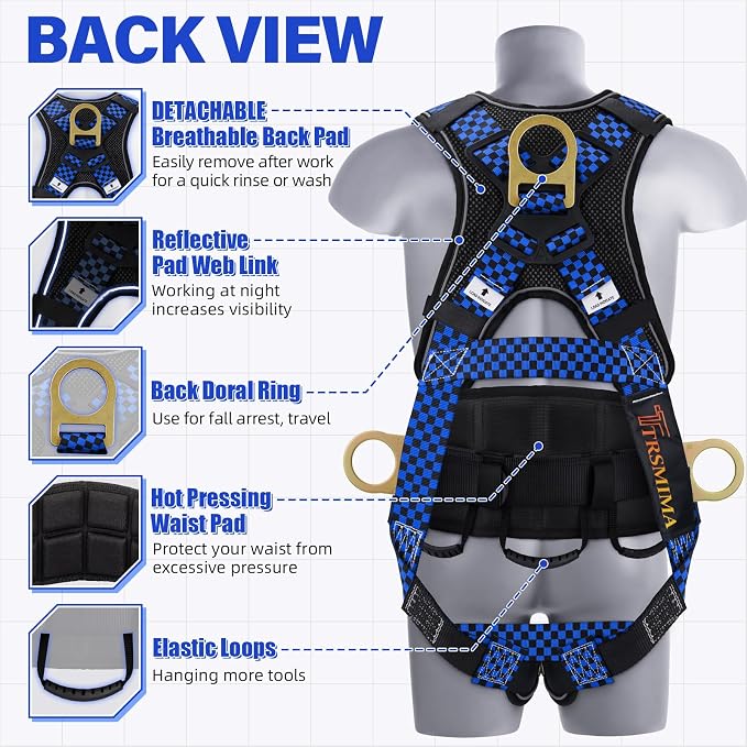 Trsmima Safety Harness Fall Protection - Full Body Harness Men Construction | Men Quick Adjust Buckles and Datachable Pad Tool Bag for Roofing Construction Workers