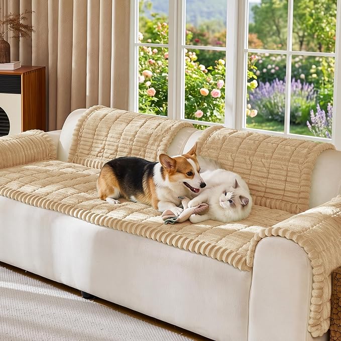 FUANGUI Waterproof Couch Cover Sofa Cover for Dogs and Pets Sofa Protector | Non-Slip Washable Fuzzy Soft Cat Bed Sofa Slipcover for 2-3 Cushion Couch Sofa Pet Friendly, Khaki, 27.6" x 59.1", 1 pcs