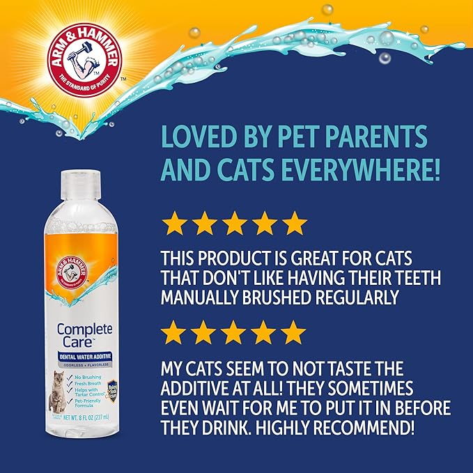 Arm & Hammer Complete Care Dental Water Additive for Cats, Cat Breath Freshener and Tartar Control, No Brushing Required, Odorless and Flavorless Cat Formula, 8 Fl Oz - 6 Pack