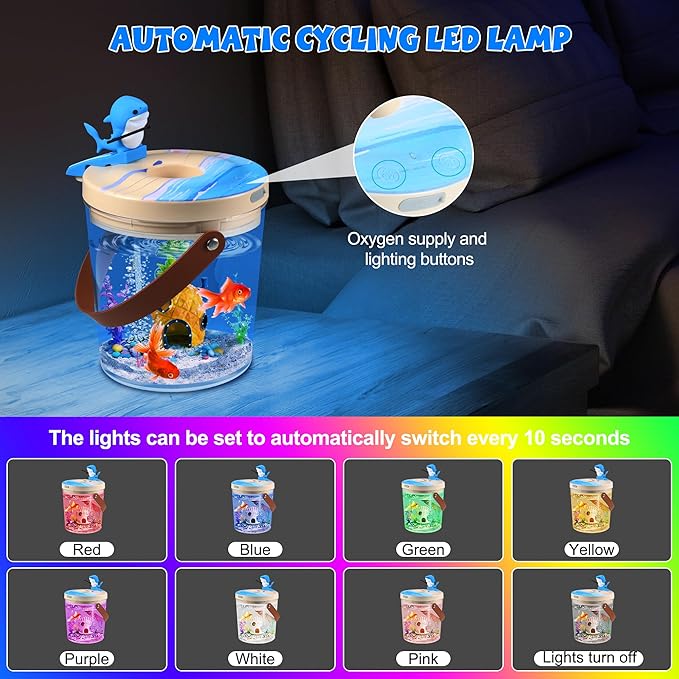 Portable Mini Fish Tank, Rechargeable,with Air Pump Oxygenation, and Multi-Color Automatic Switching LED Lights. 0.3 Gallon Plastic Aquarium for Travel
