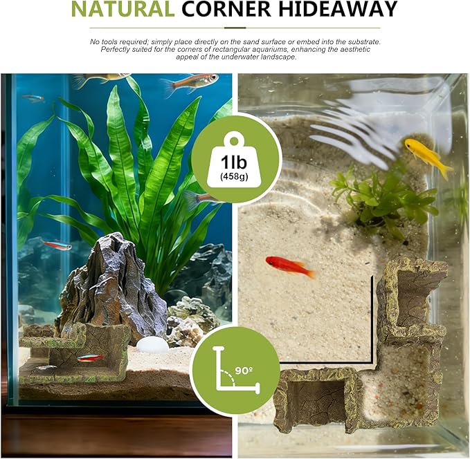 Aquarium Cave for Betta & Shrimp – Artificial Rock Hideout, Corner-Friendly Fish Tank Decor with Interactive Hiding Spots & Exploration Tunnel for Small Fish
