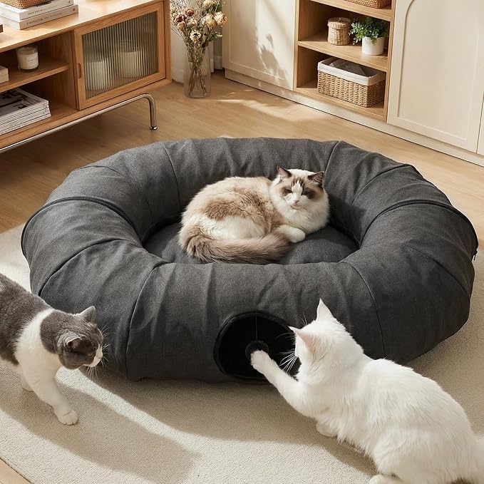 Extra Large Cat Tunnel, Cooling Natural Linen Big Tunnel for Cats 47.2in | Multi-Cat Family Long Cat Tunnel Bed with Washable Mat, Breathable & Durable Big Cat Tunnel for Cats, Dark Grey
