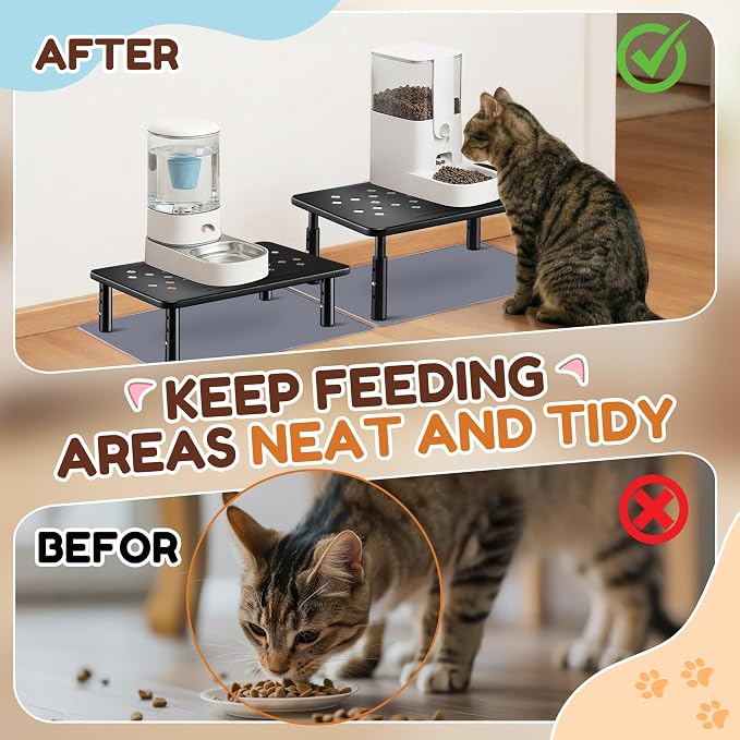 Dreyoo 2 Set Adjustable Cat Food Stand, Black,Gray Mat | Fits Most Auto Feeders, Cat Food Stand, 3 Level Stand, Non Slip Silicone Mats, Elevated Feeding Table, Cats Small Dogs