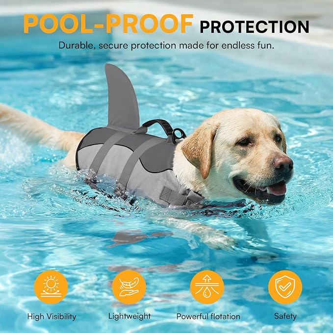 Dog Life Jacket Ripstop Shark Dog Safety Vest Adjustable Preserver with High Buoyancy and Durable Rescue Handle for Small,Medium,Large Dogs, Grey Shark XX-Large