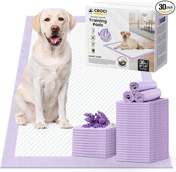 CROCI Large Puppy Pads with Adhesive Tabs Lavender Scented 28x44in 30Ct | Super Absorbent Dog Pee Pads Holds Up to 12 Cups of Urine, 6-Layers, Quick-Dry Surface, Leak-Proof, Disposable