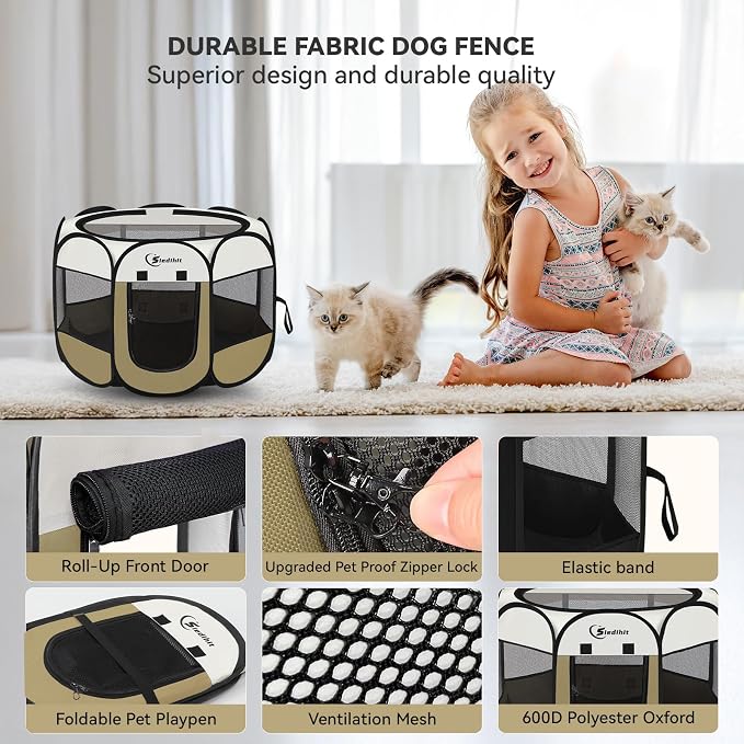 Siedihit Dog Cat Playpen, Small Puppy Pet Playpen, Dog Crate Tent Cage | Indoor/Outdoor, Portable Pop Up Dogs Kennel Playpen with Carrying Case for Dogs/Cats/Rabbits(Khaki, Small )