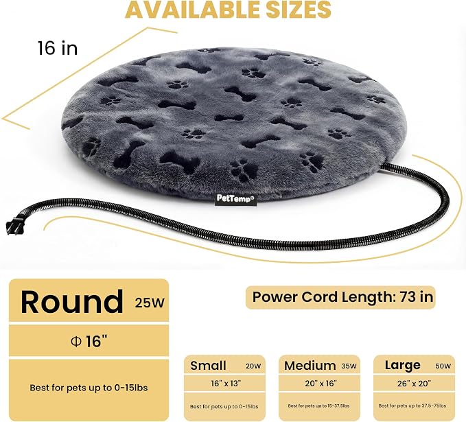Pet Heating Pad for Cats Dogs Indoor & Sheltered Outdoor Waterproof Heated Cat Bed Heated Dog Bed Chew Resistant Cord Constant Temperature Gray Paw Print Round 16 Inch