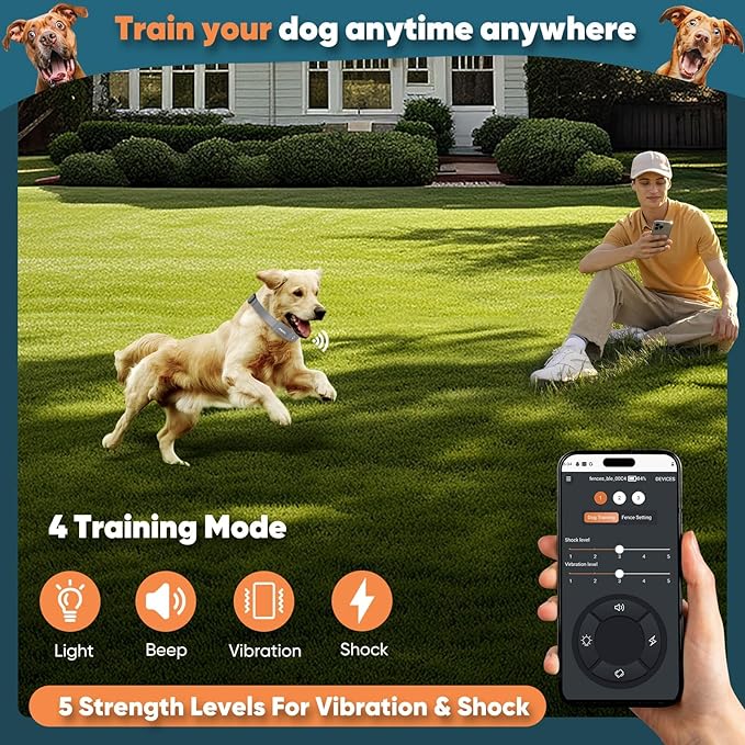 GPS Electric Dog Fence with Free App, Wireless Fence System with Training Collar, Portable for Outdoor Use, Rechargeable Waterproof Flexiable Collar, Adjustable of Dogs (Grey)