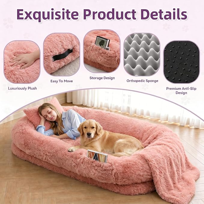 Human Dog Bed with Pillow & Blanket - 71 × 45 × 12 Inch | Oversized Pet Bed for Large Dogs, Leak-Resistant Washable Dog Couch Bed for People and Dogs Soft Long Pet Sofa Pink