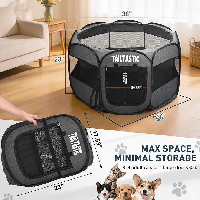 Large Cat Playpen for Multiple Cats, Extra Spacious Pet Tent Playground, Portable Dog Exercise Pen with Room for Toys & Bed, Indoor/Outdoor Enclosure for 2-3 Pets (Dark Grey, Large)