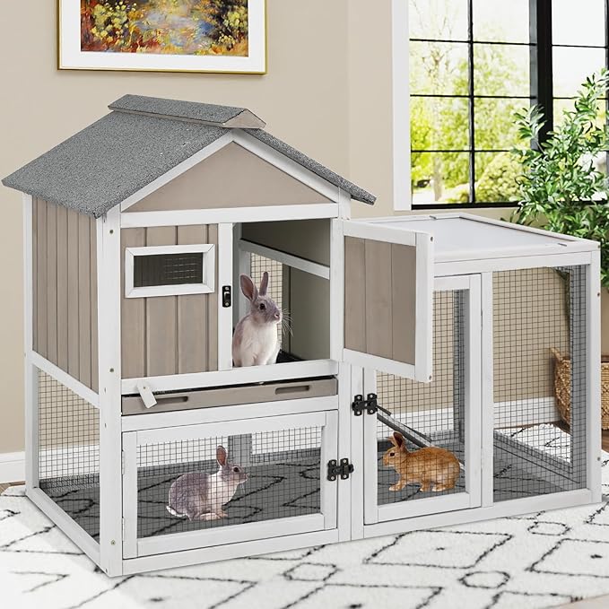 Ketive 48" L Rabbit Hutch Outdoor Indoor Bunny Hutch Weatherproof, 2-Story Wood Rabbit Cage with Deep Tray, Chew-Resistant Ramp, UV Roof, Bunny House for Small Animal, Expandable Guinea Pig Cage