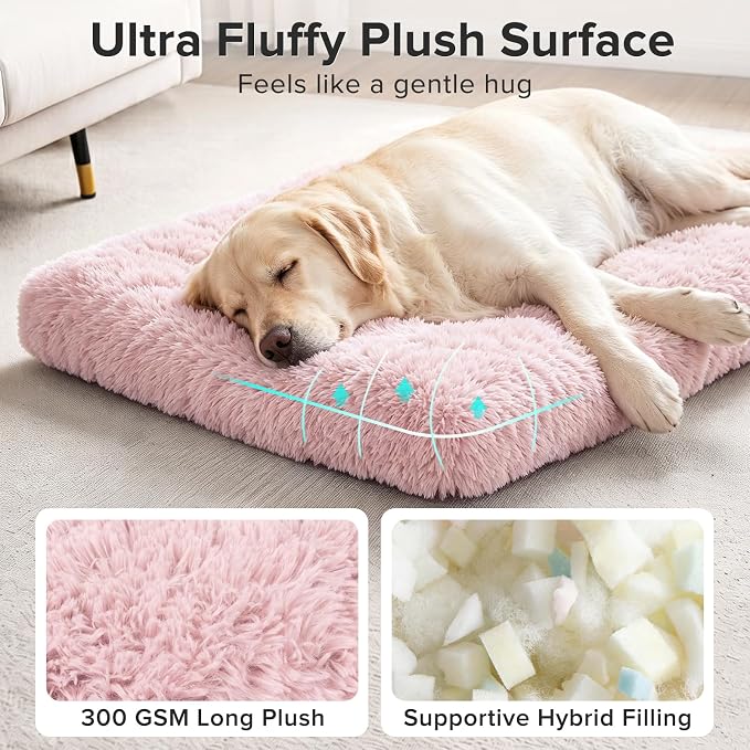 JOEJOY Large Dog Bed Crate Pad, Deluxe Plush Washable Dog Beds Fulffy Soft Kennel Pad Anti-Slip Pet Sleeping Mat for Extra Large Medium Small Dogs, 44" x 32", Pink