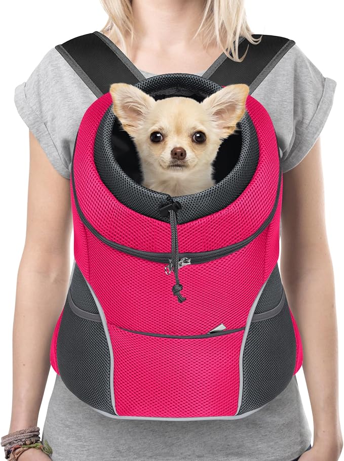YUDODO Dog Front Carrier Backpack, Adjustable Breathable Dog Backpack | Ventilated, Safety Belt, Lightweight, Reflective Strip, Pocket Storage, For Walking Hiking Outdoor, Rose, L