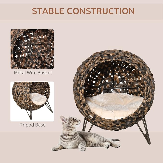 PawHut 20.5" Weaved Cat Bed with Cushion, Brown | Elevated Hand-woven Braided Banana Leaf Kitten House Condo