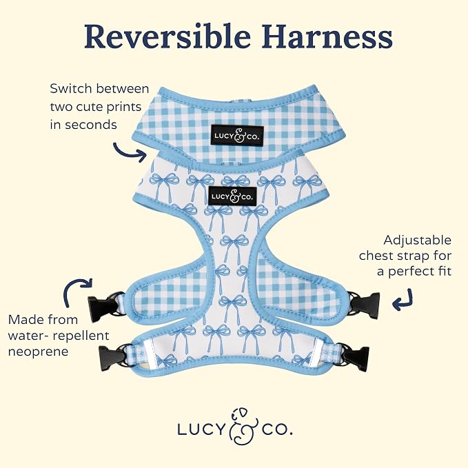 Lucy & Co. Reversible Dog Harness - Water-Repellent Neoprene, Dual-Print Design, Easy Swap Style, Adjustable Comfort Fit - Bowwow Wow! Reversible Harness - Medium