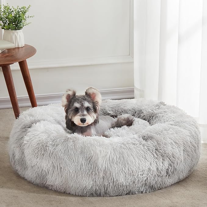 Western Home Calming Donut Small Medium Pet Dog Bed Washable,27" White Grey | Fluffy Faux Fur Round Cuddler,Anti-Anxiety,Anti-Slip Bottom,Plush Pet Dog Beds for Small Medium Sized Dogs,Up to 35 LBS