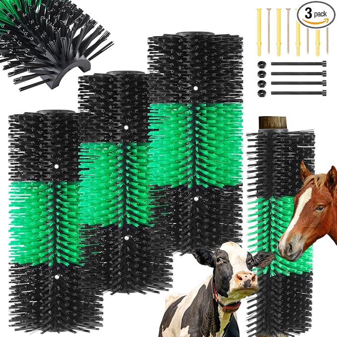 3 Pack Livestock Scratching Brush, Green and Black | Animal Scratcher, Itch Relief Grooming, Horse Goat Cow Scratcher, Fence Post Mounting, Durable Bristles, Farm Livestock Care