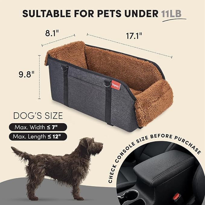 Center Console Dog Car Seat for Small Pets to 11lbs, Brown | Anti-collapse armrest Console seat with washable fluffy cushion, pillow & tether for stable, cozy pet travel trips.