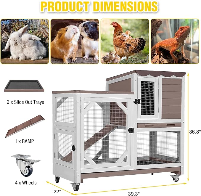 Aivituvin 39.3" Large 2-Story Rabbit Hutch, Indoor Outdoor Bunny Cage with Chew-Proof Ramp, Leak-Proof & Easy-to-Clean Tray, Lockable Wheels, for Rabbits & Guinea Pigs