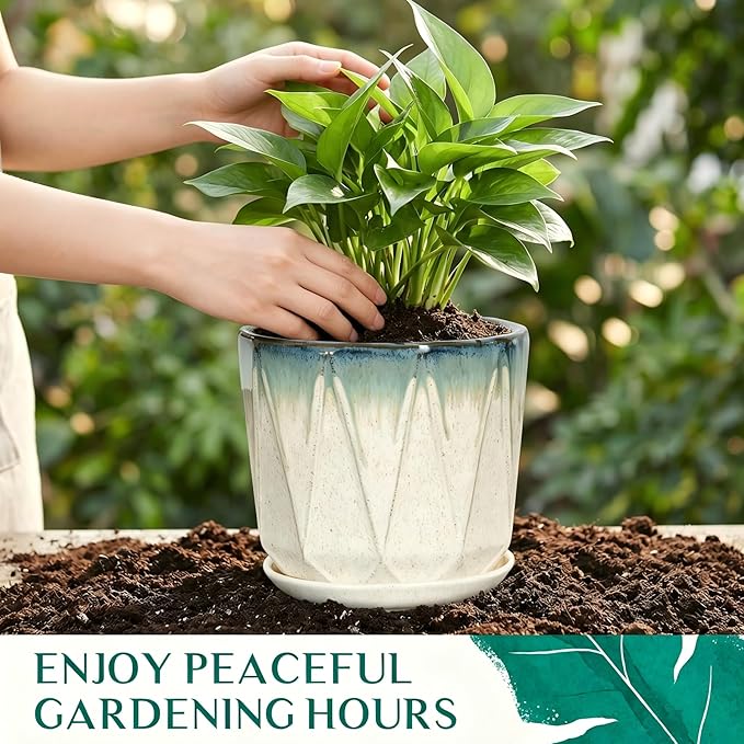 7.8 Inch Ceramic Plant Pot with Drainage Hole Mesh Net, Large Flower Pots for Indoor Plants with Saucer, Gardening Pots Outdoor (Blue Mouth Linen)
