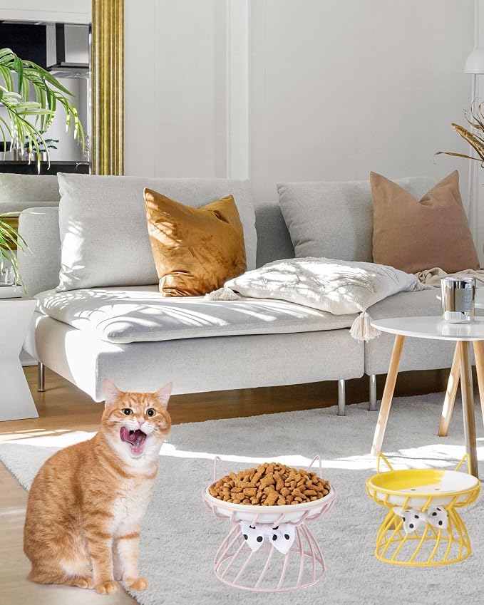 Elevated Ceramic Cat Bowl, Detachable Design, Yellow | Detachable Bowl Elevated Design Whisker Friendly Non-Slip Pads Premium Ceramic