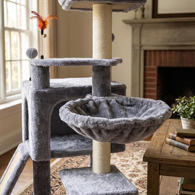 AIWIKIDE 36.6'' Multifunction Cat Tree with Cozy Hammock & Hanging Ball, Cat Tower with Activity Cat Condo & Jute-Covered Scratching Posts, Grey