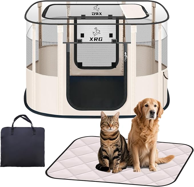 XRG Foldable Dog Playpen with Pad,Indoor Cat Kennel M(31.5"x23.6"x21.7") | Portable Dog Crates with Upgrade Breathable Mesh，Sturdy Cat cage Indoor & Outdoor for Rabbit or Small Animals，Beige