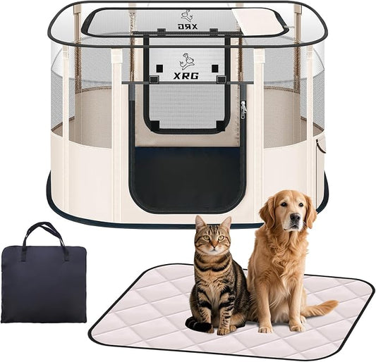 XRG Foldable Dog Playpen with Pad,Indoor Cat Kennel M(31.5"x23.6"x21.7") | Portable Dog Crates with Upgrade Breathable Mesh，Sturdy Cat cage Indoor & Outdoor for Rabbit or Small Animals，Beige