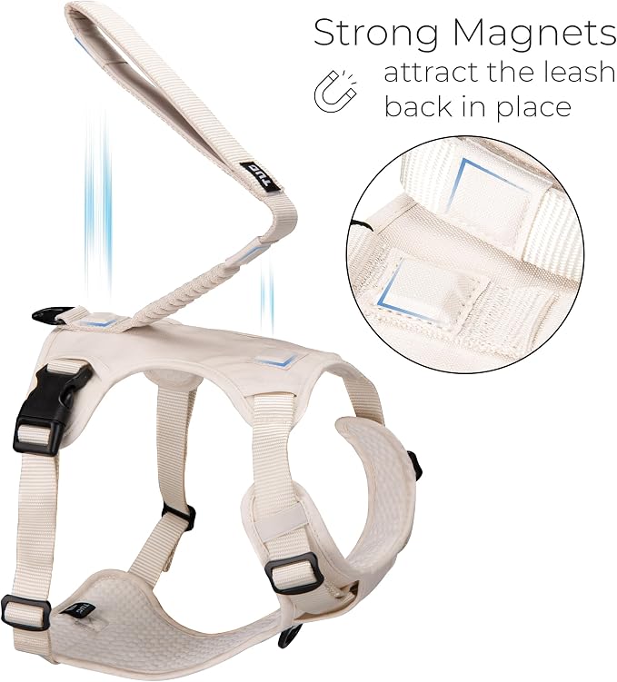 TUG Grab Dog Harness with Built-in Magnetic Traffic Leash (Medium/Cream) | Padded Magnetic Traffic Handle | Dual Leash Clips | 4-Point Adjustable Fit | Durable Nylon