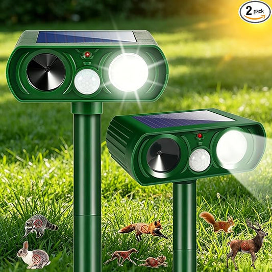 2Pack Upgraded Sonic Fortress Pro Deer Repellent Solar Animal Repellent Ultrasonic Outdoor with Motion Sensor Strobe Light for Squirrel Raccoon Rabbit Cat Skunk Deterrent Keep Pests Out of Yard Farm