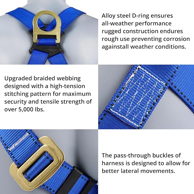 TRSMIMA Safety Harness Fall Protection - Safety Harness for Construction | Men Roofing Full Body Construction Harness Lanyard Kit Men Fall Arrest Work Tree Climbing Roofer D-ring ANSI