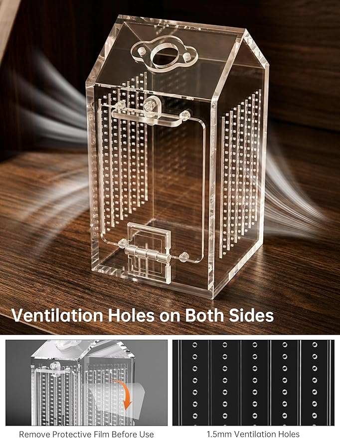 NiHome Clear Acrylic Jumping Spider Enclosure, Tarantula Terrarium, Acrylic Praying Mantis Enclosure, Magnetic Front Opening Door & Feeding Port, Escape-Proof Reptile Habitat,1.5mm Ventilation Holes
