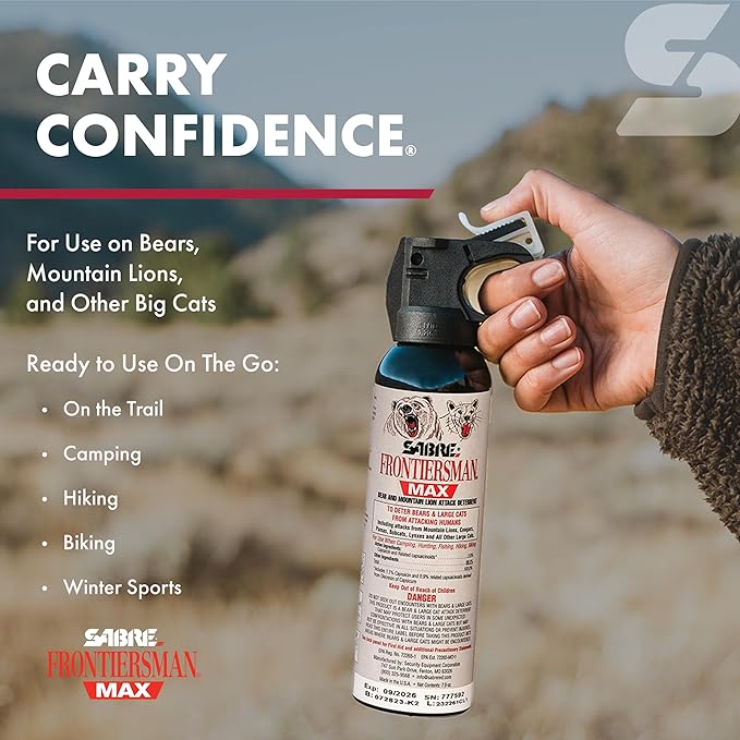 Sabre Frontiersman MAX 9.2 oz. Bear & Mountain Lion Attack Deterrent, Up to 40 ft Range, Contains 2% Major Capsaicinoids + Frontiersman Bear Horn (FBH-LT-AMZ) Kit, Glow-in-The-Dark Safety