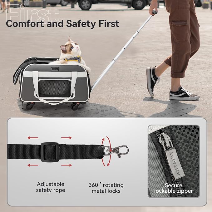 Petsfit Cat Carrier with Wheels, Removable Spinner Wheels, Up to 13 lb | Fits pets up to 15 L x 8 H in and 13 lb; removable spinner wheels, anti-sag frame, 4-sided mesh, safety tether and locks.