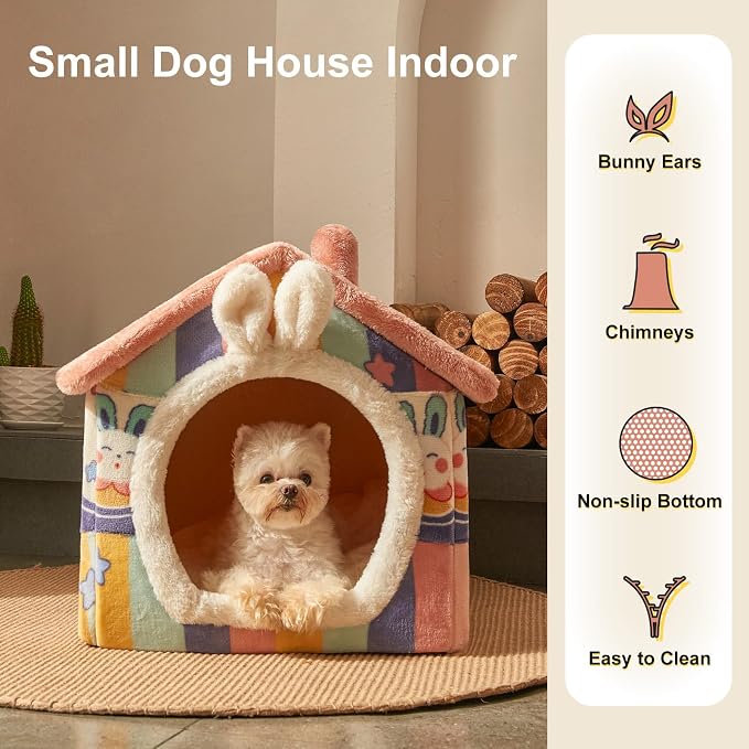 Cute Cat Beds for Indoor Cats, Foldable Cat House with Non-Slip Bottom | S Size Kitten Bed for 0-6 Lb Dogs and 0-8 Lb Cats, Rainbow,Cat Nest Puppy Cave,Soft Cozy Dog Cave Bed