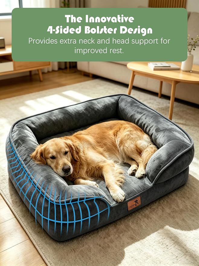 Spotted Play Orthopedic Dog Bed with Sides - Sofa Beds for Extra Large Dogs, Supportive Foam Pet Couch Bed with Washable Removable Cover, Waterproof Lining and Non-Slip Bottom, Dark Grey - XL