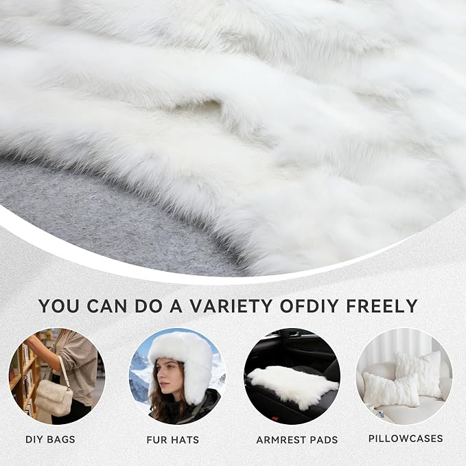 Craft Rabbit Fur Pelt Skin Genuine Tanned Animal Hide with Sewing Quality Leather 12" by 14" for Decoration DIY Crafts Cat Dog Toys Fur Fabric（8Pcs, White）