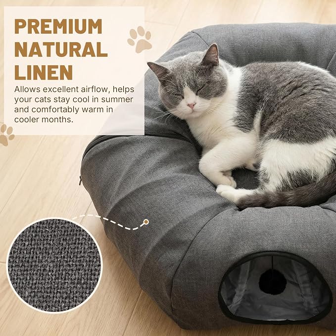 Cat Tunnel Bed for Indoor Cats, Cooling Natural Linen Cat Tunnel 29.5in | Breathable Kitten Toys Cat Tunnel with Washable Mat, Round Pet Tunnel for Kittens, Squirrels Dark Grey
