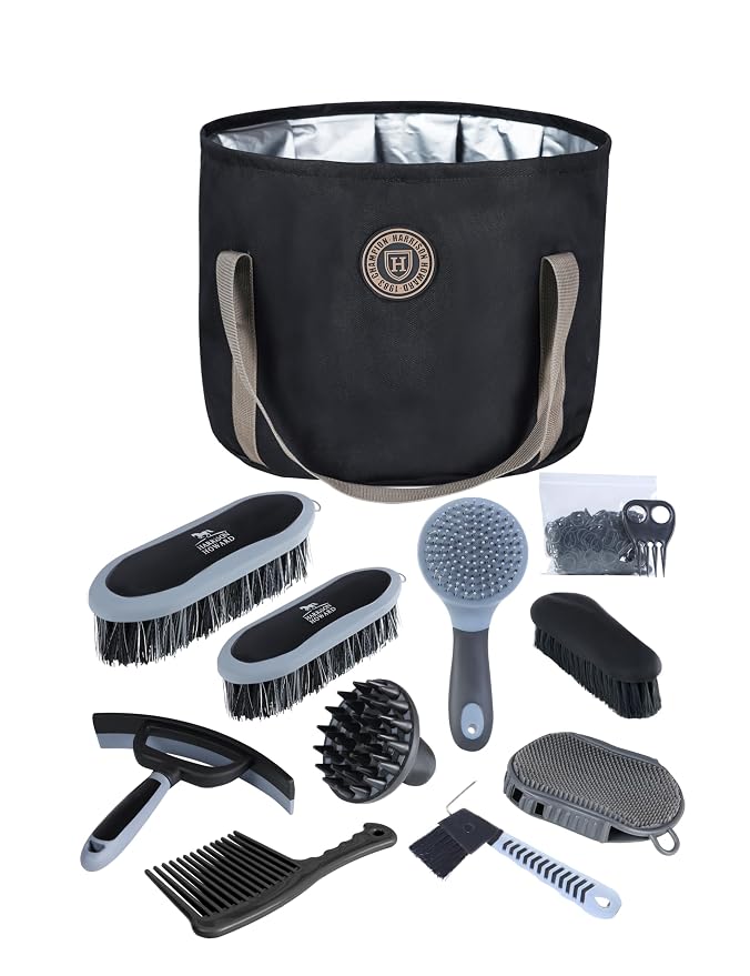 Harrison Howard Horse Grooming Kit 9 Piece with Tote, Non-Slip Silicone Grip Brush Set for Horses, Shedding Bathing Daily Care, Beginner Friendly Black