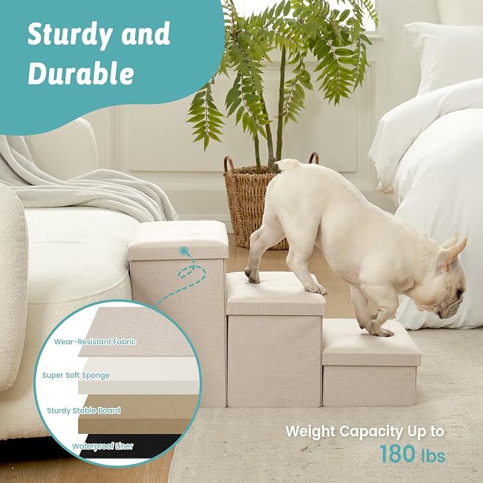 COZY KISS Dog Stairs with Storage, 3-Step Wider Sturdy Dog Steps for Small/Medium/Large Dogs and Older Cats, Folding Doggie Ramp for Bed/Couch Hold Up to 180 lbs (16.7" H, Beige)