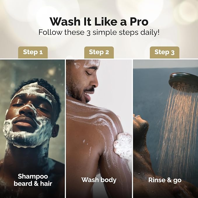 Golden Grooming Co. 3-in-1 Men’s Body Wash, Shampoo & Beard Wash – Hydrating Full Body Cleanser for All Skin Types – Fresh Tea Tree Scent – Naturally Derived Formula – 4-Pack Value Bundle