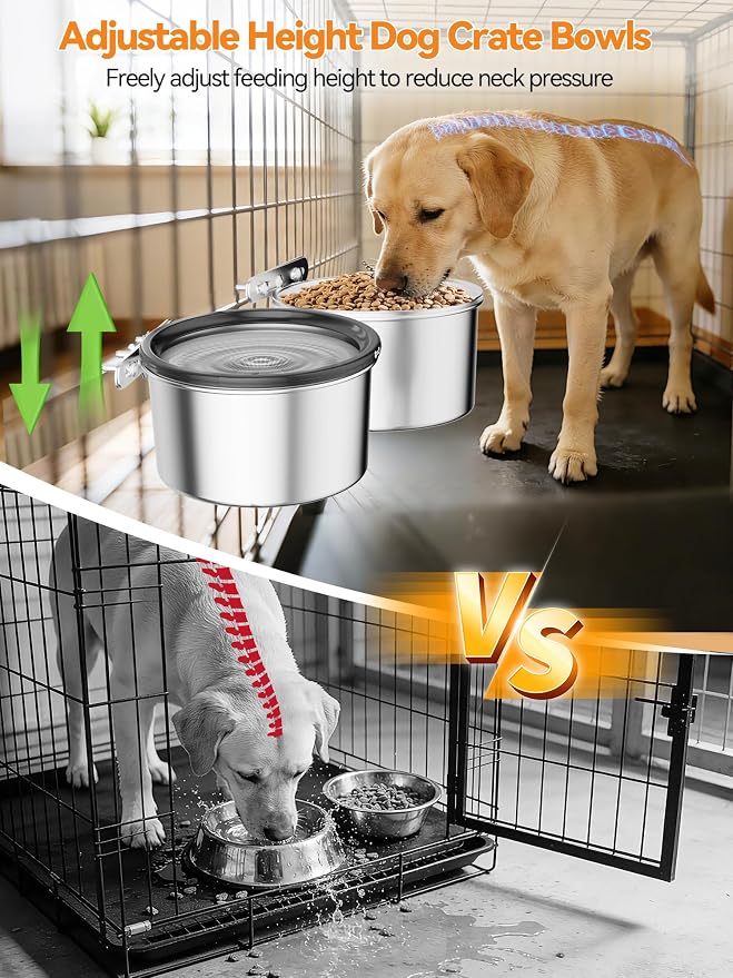 2 Pcs No Spill Dog Water Bowl for Crate, 2.5L Stainless Steel Hanging Kennel Bowls with Adjustable Height, Anti-Splash Water & Food Bowl Set for Cage Kennel Crate, Medium Large Dogs (Grey)