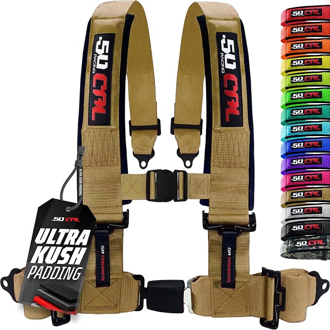 1pc 50 Cal Baja Gold 4 Point Harness 2in Straps, Racing Harness Seat Belt | Ultra Kush padding, Push Button quick release hardware. Universal Fit for UTV, RZR, race car.