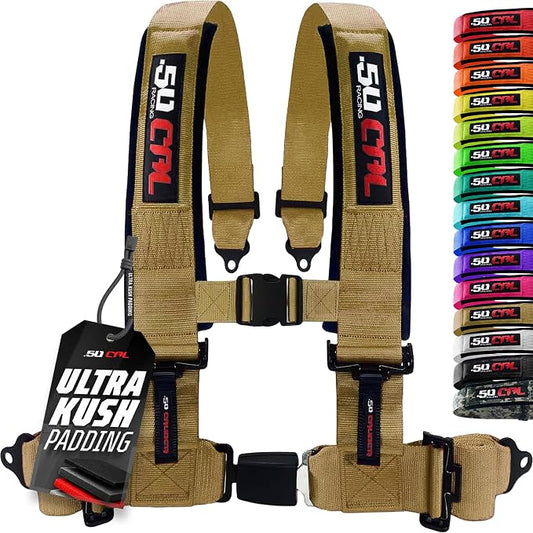 1pc 50 Cal Baja Gold 4 Point Harness 2in Straps, Racing Harness Seat Belt | Ultra Kush padding, Push Button quick release hardware. Universal Fit for UTV, RZR, race car.