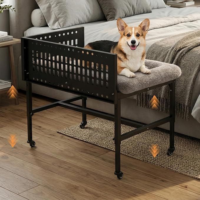 Beside Dog Bed,2 Panels Adjustable Height Dog Bunk Beds,35.4”x23.6” Metal Frame & Cushion, Converts to Bunk Bed or Bed Extension Attachment for Human Bed, for Medium Dogs