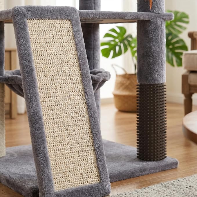 Multi-Level Cat Tree for Indoor Cats, Cat Tree Tower with Big Cat Hammock and Self-Grooming Brush, Cat Tower with Scratch Ladder, Indoor Climbing Activity Tower with Scratching Posts, Grey