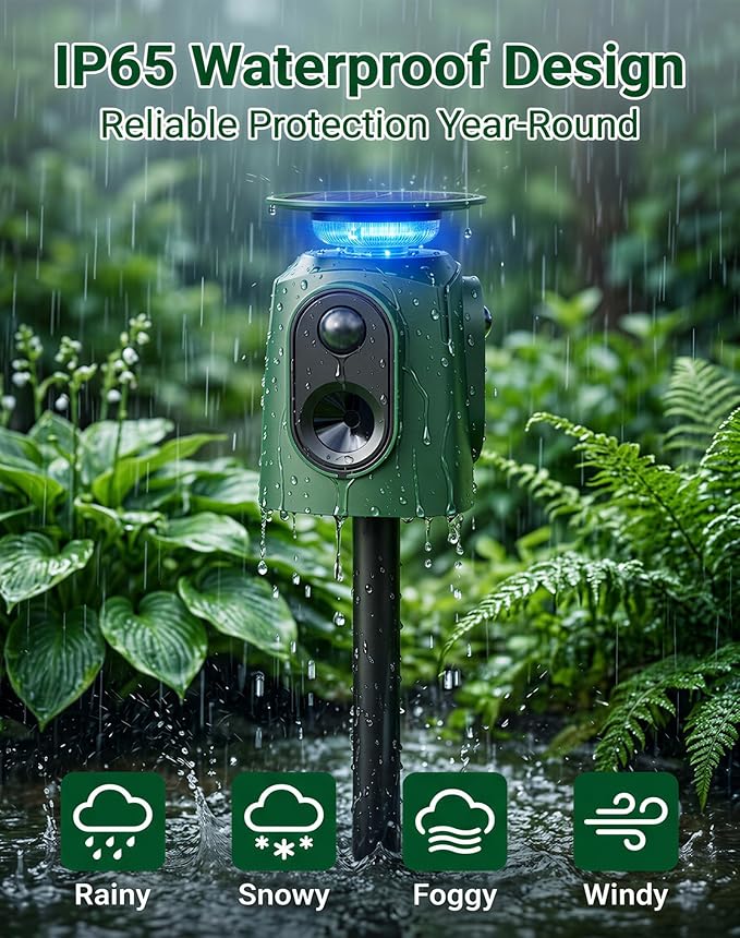 360° Solar Deer Repellent Devices, Ultrasonic Animal Deterrent with Motion Sensor & LED Lights, Waterproof Cat Repellent Outdoor, Repel Dog, Raccoon, Skunk & Coyote Out of Garden - USB Rechargeable